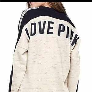 VICTORIA’S SECRET PINK V-Neck Varsity Crew Sweatshirt Oatmeal Brown Stripe Large